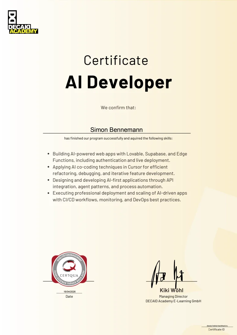 Zertifikat AI Developer für Simon Bennemann