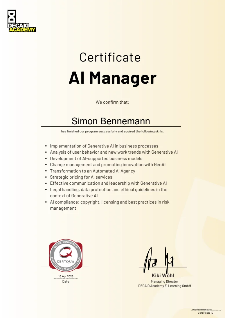 Zertifikat AI Manager für Simon Bennemann