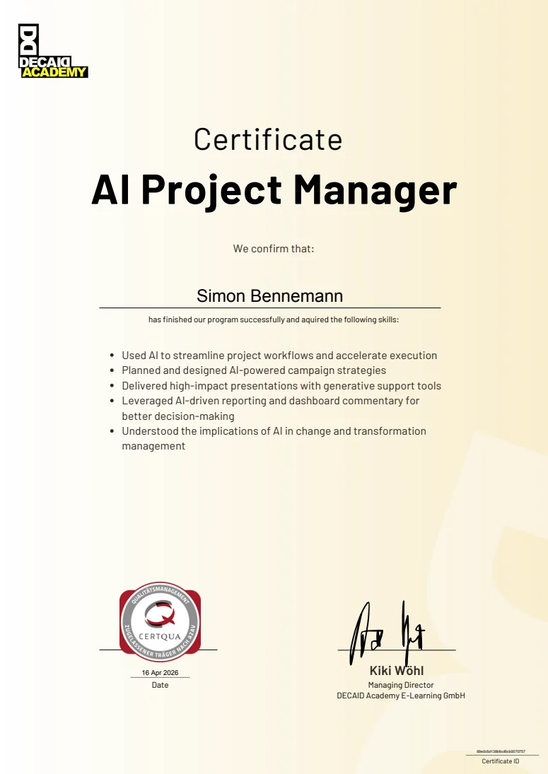 Zertifikat AI Project Manager für Simon Bennemann