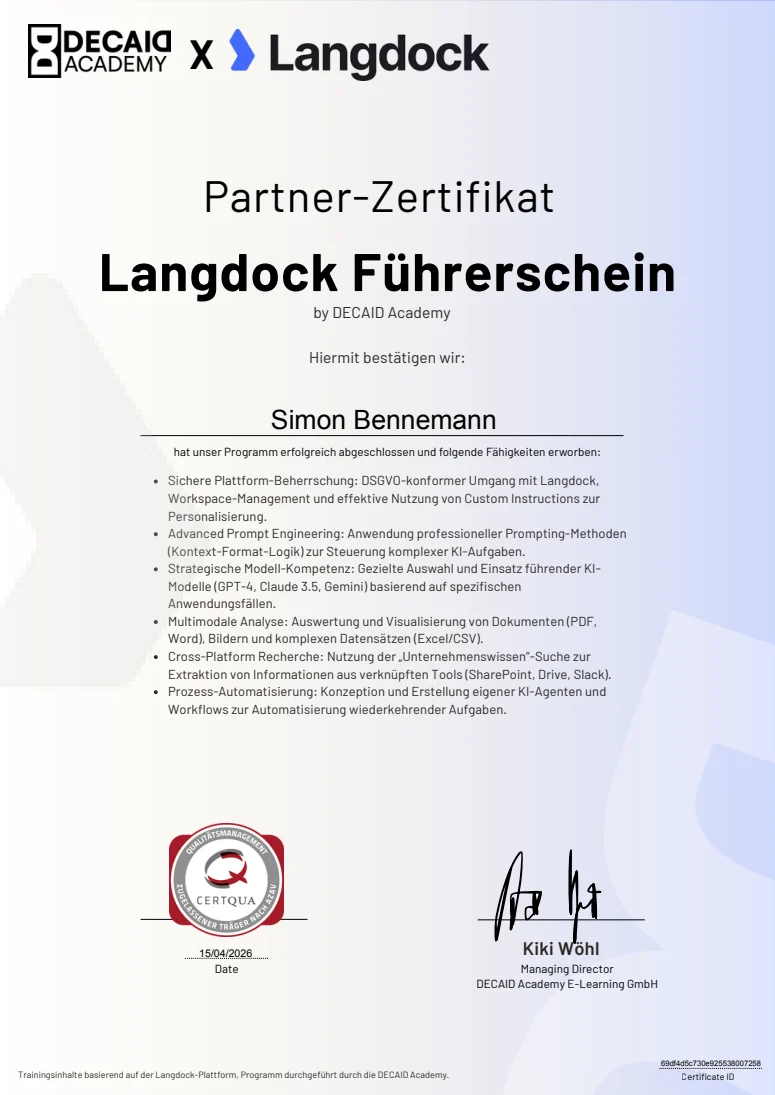 Zertifikat Langdock Führerschein für Simon Bennemann